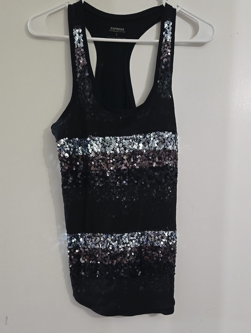 Express Black Sequin Racerback Tank with Silver Accents